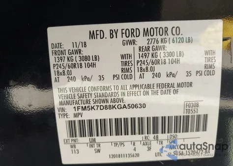 2019 Ford Explorer Xlt из США, поврежденный, VIN 1FM5K7D88KGA50630